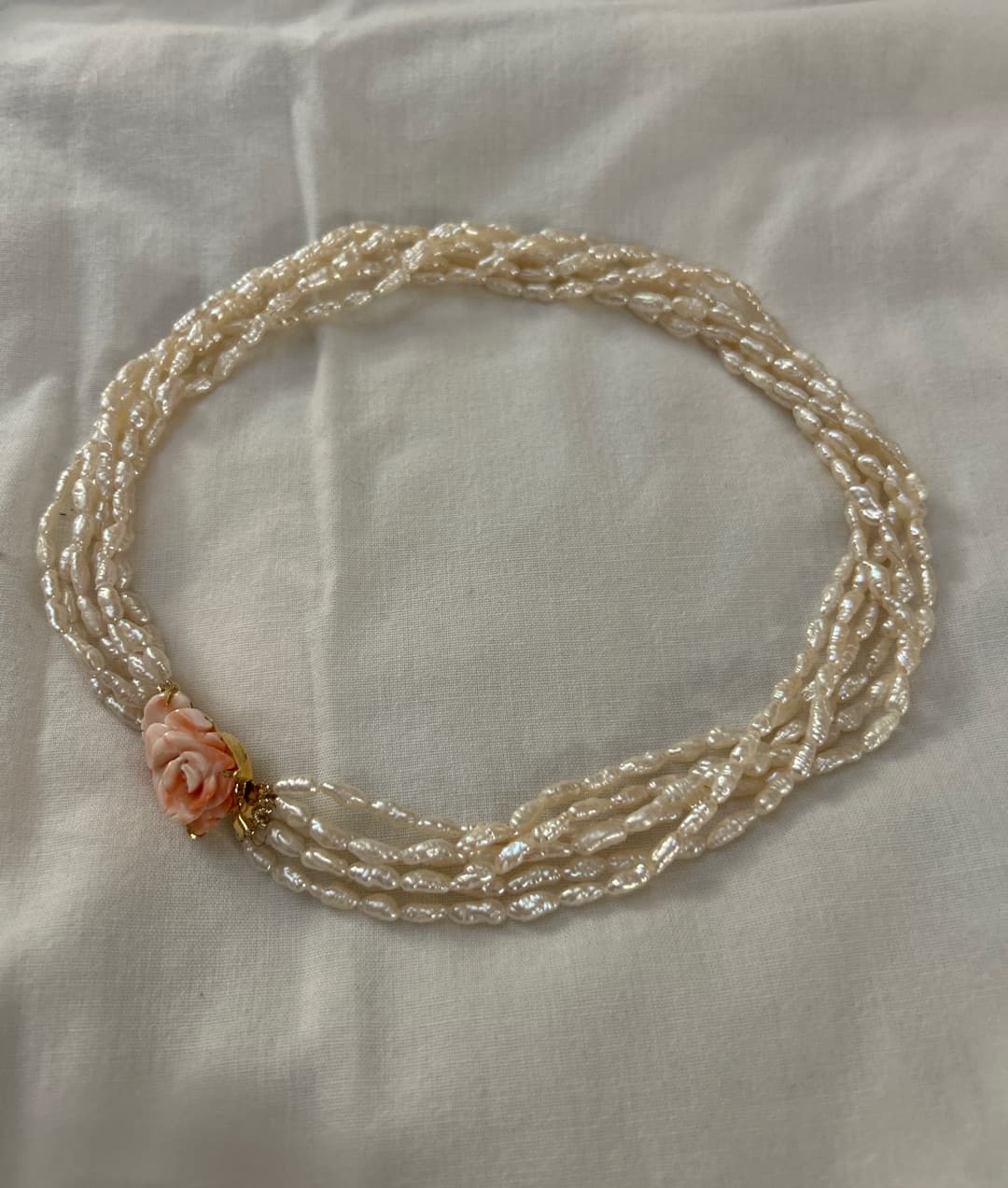 Genuine carved pink coral clasp, Ginuwine freshwater pearl 16 inch necklace - 1