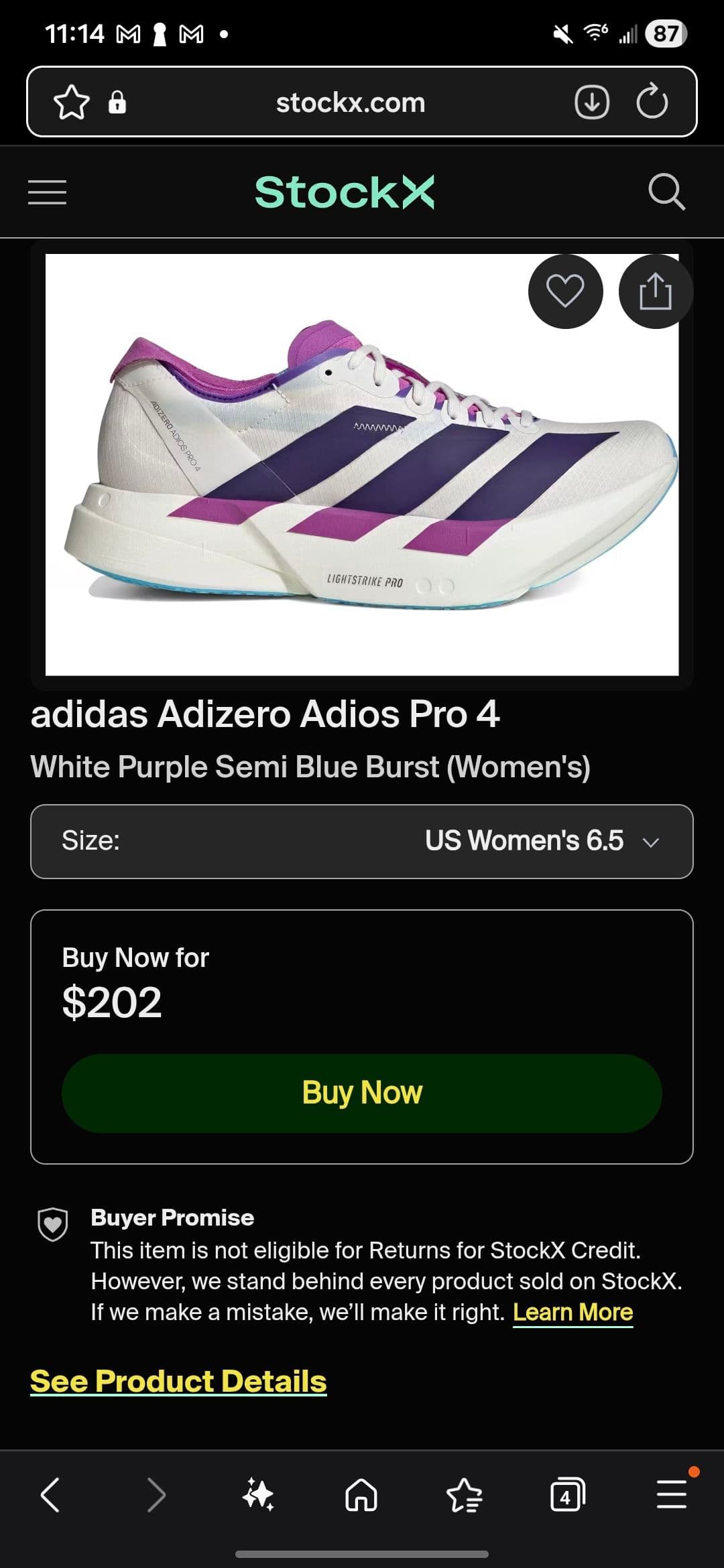 새상품 여성 아디다스 아디제로 프로4 퍼플 - 1