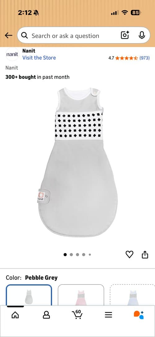 새 상품 Nanit 아기 수면조끼2장 (sensor감지)Pebble Grey