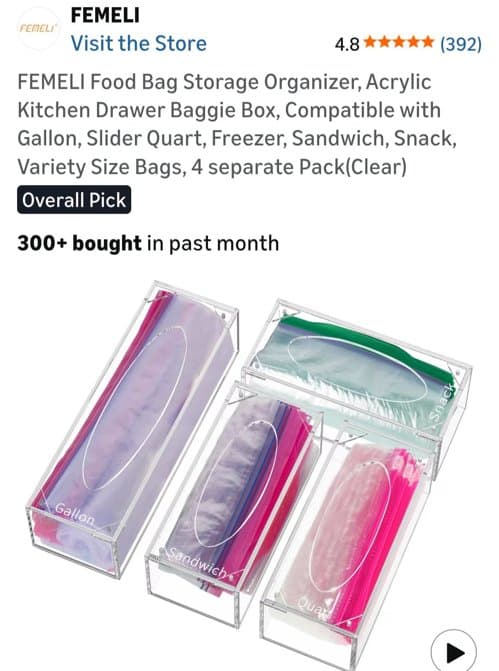 Food bag storage organizer