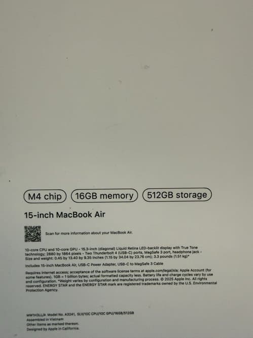맥북에어 15인치 m4 16기가 512기가 판매합니다