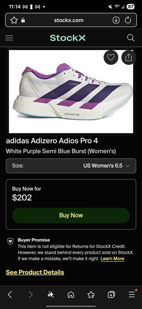 새상품 여성 아디다스 아디제로 프로4 퍼플