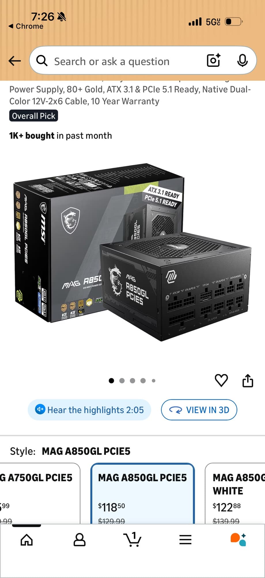 MSI MAG A850GL PCIE5 컴퓨터 파워 팝니다 - 1